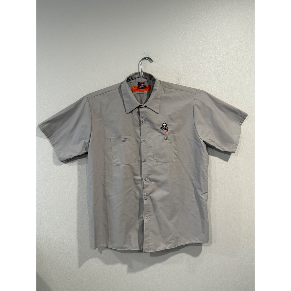 Lucky 13 Red Kap Mens XXL Gray Skull Flame Rockabilly Work Shirt‎ Short Sleeve